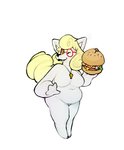 anthro belly big_breasts blonde_hair breasts burger cross cross_necklace eyewear female food glasses hair huge_breasts jewelry lips necklace nude one_eye_closed overweight overweight_anthro overweight_female simple_background solo wink ripy_(artist) maria_(wffl) canid canine canis domestic_dog mammal hi_res