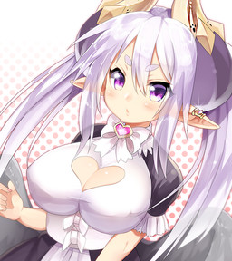 blush clothing ear_piercing ear_ring female horn humanoid_pointy_ears jewelry looking_at_viewer not_furry piercing pointy_ears purple_eyes ring_piercing solo wings mofuaki humanoid winged_humanoid 2015
