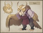 anthro beak biped cane clothed clothing feathers looking_at_viewer male smile solo text yellow_body yellow_feathers yellow_sclera arijuno avian bird owl 2023 colored english_text hi_res