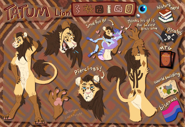 anthro arm_tuft armpit_hair bisexual_pride_colors blue_body blue_fur blue_hair body_hair brown_body brown_fur brown_hair carrying_another carrying_partner cheek_tuft duo ear_piercing ear_ring elbow_tuft facial_piercing facial_tuft fangs female flag fur hair half-closed_eyes heart_symbol inner_ear_fluff interspecies lgbt_pride lip_piercing lip_ring lips male male/female mane mane_hair narrowed_eyes pattern_background pawpads paws piercing pink_pawpads pride_color_flag pride_colors profanity purple_body purple_fur ring_piercing sharp_teeth simple_background tail tail_tuft teeth text thick_bottom_lip tuft white_body white_fur yellow_body yellow_fur conditional_dnp luckfoxo33 tatum_koenig tolng canid canine felid fox lion mammal pantherine english_text hi_res model_sheet trans_(lore) trans_man_(lore) trans_woman_(lore)