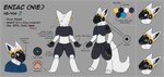 anthro blue_clothing blue_hoodie blue_topwear clothing ear_tuft eyewear fur glasses hoodie machine male neck_tuft simple_background smile solo tail text topwear tuft white_body white_fur white_tail panaxlad eniac_(panaxlad) protogen absurd_res english_text hi_res model_sheet