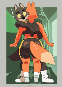 anthro big_butt blush blush_lines bottomwear breasts butt clothed clothed_anthro clothed_female clothed_male clothing duo female hug male shorts side_boob tail tail_motion tailwag thick_tail thick_thighs wide_hips toonarscontent dreamworks the_bad_guys diane_foxington mr._wolf_(the_bad_guys) canid canine canis fox mammal wolf animated