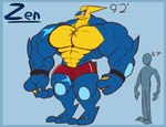 abs anthro biceps big_muscles blue_body bottomwear clothing duo huge_muscles hyper hyper_muscles looking_at_viewer male muscular muscular_anthro muscular_male pecs red_eyes scar shorts size_difference wristband unusualboo54 nintendo pokemon fan_character zen_(unusualboo54) generation_6_pokemon greninja humanoid pokemon_(species) hi_res