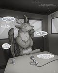 anthro antlers clothed clothing container cup dialogue electronics feathered_wings feathers fur furniture horn male microphone solo table text topless wings flinters gabriel_jutke canid canine canis coyote deer mammal 2025 english_text greyscale hi_res monochrome