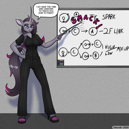 anthro black_clothing black_hair bottomwear clothing collared_shirt colored_nails dialogue dress_shirt eyewear female footwear glasses hair high_heels hooves horn looking_at_viewer nails onomatopoeia open_mouth pants shirt shoes solo sound_effects teacher text topwear whiteboard whiteboard_marker edozebr mythology them's_fightin'_herds oleander_(tfh) equid equine mammal mythological_creature mythological_equine unicorn 1:1 english_text hi_res