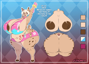 anthro areola areola_slip arms_above_head big_areola big_breasts big_butt bikini bikini_top bimbo_(fashion) bimbo_anthro biped blonde_hair breast_shot breasts brown_areola butt butt_shot cellulite clothing condom countershade_face countershade_fur countershade_torso countershading cross_section eyewear female filled_condom fur glasses gloves gradient_background hair handwear huge_breasts huge_butt huge_hips huge_thighs kiss_mark kiss_mark_on_belly mature_anthro mature_female nipple_outline nipples open_mouth open_smile overweight overweight_anthro overweight_female panties pink_clothing pink_gloves pink_handwear scrunchie sexual_barrier_device short_tail simple_background smile solo swimwear tail tan_body tan_fur text thick_thighs two-piece_swimsuit underwear wide_hips rastacakez tiffany_(noeticred) felid feline lynx mammal 2025 artist_name hi_res model_sheet