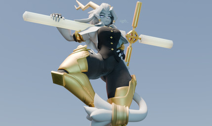 5_fingers anthro antlers big_breasts big_ears black_clothing black_legwear black_topwear black_vest blue_eyes breasts clothed clothing collared_shirt cuisse disgust disgusted_face dream_breaker_(pseudoregalia) dress_shirt eyebrows eyelashes female fingers floppy_ears fur grey_body grey_fur grey_hair grey_nose hair holding_melee_weapon holding_object holding_weapon horn inside jewelry legwear long_ears looking_at_viewer low-angle_view melee_weapon pupils shirt snout solo tail thick_eyebrows thick_thighs topwear vest weapon white_pupils wide_hips yellow_antlers yellow_horn antseyeball warfaremachine_(modeler) pseudoregalia sybil_(pseudoregalia) bovid caprine goat hybrid jackalope lagomorph leporid mammal rabbit 3d_(artwork) absurd_res digital_media_(artwork) hi_res huge_filesize