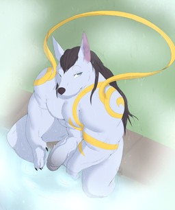 bath big_penis foreskin genitals male muscular muscular_male nude penis simple_background solo water wet redras_shoru league_of_legends riot_games tencent nasus_(lol) canid canine canis jackal mammal hi_res