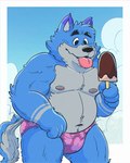 anthro belly black_nose blue_body blue_fur clothing cloud food fur male moobs navel nipples outside overweight overweight_male popsicle purple_clothing purple_speedo purple_swimwear solo speedo swimwear tongue tongue_out 06junior11 canid canine canis mammal wolf 2024 hi_res