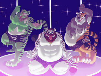 3_toes abs anthro beard black_nose bottomwear brown_hair claws clothed clothing countershading dancing facial_hair feet fur green_body green_fur group hair hypnosis kneeling male markings mind_control multicolored_tail open_mouth overweight paws pink_nose pole shorts simple_background smile sparkles spiral spiral_eyes standing strip_club striped_body striped_fur striped_markings striped_tail stripes stripper stripper_pole tail tail_markings teeth toe_claws toes tongue tongue_out topless transformation underwear white_body white_fur white_hair zootopia_shorts nearu-senpai disney zootopia tiger_dancer_(zootopia) vex_(donryu) felid mammal pantherine tiger 2017 4:3 digital_drawing_(artwork) digital_media_(artwork)