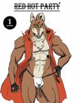 abs anthro athletic athletic_anthro athletic_male balls_outline brown_body brown_fur bulge canid canine canis chest_tuft clothed clothing coat comic cover cover_art cover_page detailed_bulge ear_piercing fingerless_gloves fur genital_outline gloves green_eyes handwear jockstrap male mammal penis_outline piercing reagan700 simple_background skimpy solo topwear tuft underwear white_background white_body white_fur wolf