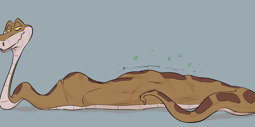 abdominal_bulge ambiguous_gender apode brown_body feral fully_inside legless long_body lying motion_lines on_front rumbling_stomach serpentine serpentine_vore simple_background smile soft_vore solo unseen_prey vore da~blueguy the_jungle_book kaa_(jungle_book) python reptile scalie snake 2025 male_(lore)