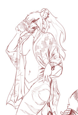 anthro bathrobe clothing container cup female hair mug panties ponytail rings_on_ears rings_on_wrists robe solo underwear ktk's_sky margit_upfarvis_(grimsound99) felid mammal pantherine tiger absurd_res hi_res line_art