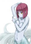 apode blue_body blue_skin breast_squish breasts female hair legless monster_girl_(genre) navel non-mammal_breasts nude raised_arm red_hair scales serpentine short_hair solo split_form squish yellow_eyes ganbanman draconcopode lamia reptile scalie snake