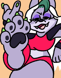 4_toes anthro bikini biped bra claws clothing colored_nails crop_top fangs feet female foot_fetish foot_focus gesture green_claws green_hair green_nails green_toenails hair half-closed_eyes hand_gesture long_hair looking_at_viewer middle_finger nails narrowed_eyes open_mouth panties pawpads paws rude_gesture shirt soles solo swimwear teeth toenails toes topwear two-piece_swimsuit underwear white_hair creoquedibujo five_nights_at_freddy's five_nights_at_freddy's:_security_breach scottgames steel_wool_studios roxanne_wolf canid canine canis mammal wolf 2025 digital_media_(artwork) hi_res