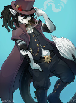 alternative_fashion anthro cigarette clothed clothing dreadlocks hair half-closed_eyes hat headgear headwear looking_at_viewer male narrowed_eyes simple_background smile smoke smoking solo steampunk top_hat kaitycuddle canid canine mammal digital_media_(artwork) shaded