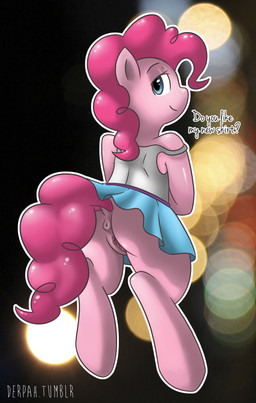 abstract_background anthro anthrofied anus barefoot bedroom_eyes biped blue_eyes bottomwear butt clothed clothing dialogue dress featureless_feet feet female fur genitals hair half-closed_eyes lights looking_at_viewer narrowed_eyes no_underwear off_shoulder outline pink_body pink_fur pink_hair puffy_anus rear_view seductive semi-anthro shirt skirt smile solo standing tank_top text topwear upskirt vulva marblesoda friendship_is_magic hasbro my_little_pony pinkie_pie_(mlp) earth_pony equid equine horse mammal pony 2013 absurd_res digital_media_(artwork) english_text hi_res