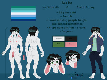 anthro athletic balls black_hair bottomwear butt clothed clothing curly_hair denim denim_bottomwear denim_clothing erection eyewear flaccid floppy_ears front_view fur gender_symbol genitals glasses green_eyes hair humanoid_genitalia humanoid_penis jacket jeans lgbt_pride male male_symbol nipples nude nude_anthro nude_male pants paws penis pride_colors rear_view shirt solo standing symbol t-shirt text topwear vincian_pride_colors white_body white_fur conditional_dnp zer0rebel4 discord_(app) telegram izzie_(izzie_bnnuy) arctic_hare hare lagomorph leporid mammal absurd_res digital_drawing_(artwork) digital_media_(artwork) english_text flat_colors hi_res model_sheet