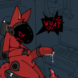 angry anthro big_penis bodily_fluids chair computer_keyboard desk electronics furniture genital_fluids genitals huge_penis machine male monitor on_chair penile penis poster precum red_body sex_toy sitting sitting_on_chair solo table text vibrator vibrator_on_penis wire silly_imp protogen 1:1 hi_res