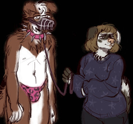 anthro bdsm blonde_hair blush brown_body brown_fur clothed clothing duo female fur hair male muzzle_(object) muzzled partially_clothed simple_background slightly_chubby submissive tail white_body white_fur kotobulka eldridge_moran marta_moran border_collie canid canine canis collie domestic_dog herding_dog mammal pastoral_dog sheepdog hi_res