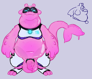 3_toes 4_fingers antennae_(anatomy) balls chest_piece collar digitigrade dripping dripping_penis drippy fat_neck feet fingers fish_tail flaccid floppy_ears genitals glistening glistening_body led_mask machine navel overweight penis penis_tentacles pink_body robotic_leg snout tentacles toes translucent translucent_body translucent_penis underbite visor hypnosnack alien android goo_creature hybrid robot