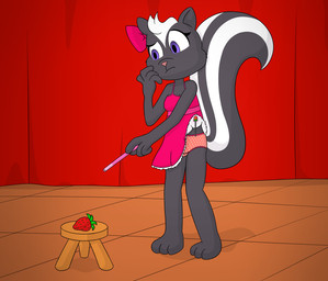 anthro bottomwear breasts charm_(jewelry) cleavage clothed clothing clothing_lift colored_edge_panties colored_edge_underwear confusion crotch_seam dress dress_lift ear_bow female food frilly frilly_clothing frilly_dress fruit fur furniture holding_object holding_wand panties pattern_bottomwear pattern_clothing pattern_panties pattern_underwear pink_bow pink_clothing pink_dress pink_panties pink_underwear plant plushie purple_eyes raised_clothing raised_dress solo stage stage_act stage_curtains stage_show stool strawberry thinking underwear white_body white_fur ponponthedreambunny stephanie_(ponponthedreambunny) mammal mephitid skunk 2025 hi_res