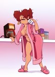 anthro bathrobe biped breasts bunny_slippers clothed clothing coffee_mug drinking ear_piercing ear_ring female footwear hair hoop_ear_ring mature_anthro mature_female messy_hair mostly_nude nipples one_breast_out open_clothing piercing ring_piercing robe shoes simple_background slippers solo standing year drxii eric_schwartz disney goof_troop peg_pete canid canine canis domestic_dog mammal 2021 colored dated digital_drawing_(artwork) digital_media_(artwork) hi_res shaded signature