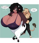 anthro big_breasts black_hair blush breasts cleavage clothed clothing duo female hair hair_over_eye huge_breasts male one_eye_obstructed text thick_thighs jwinkz summer_(jwinkz) bovid bovine cattle felid lion mammal pantherine 2022 english_text hi_res