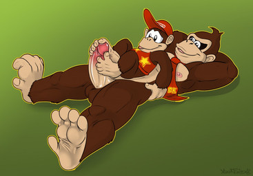 5_toes accessory anthro balls barefoot baseball_cap brown_body brown_fur clothed clothing conjoined_eyes duo erection feet foot_fetish foot_play footjob fur genitals glans hands_behind_head happy happy_sex hat headgear headwear humanoid_genitalia humanoid_penis lying male male/male muscular muscular_male necktie nipple_fetish nipples nude on_back outline pecs penile penis prehensile_feet reclining sex simple_background smile text text_on_clothing text_on_hat text_on_headwear text_on_necktie toes two-footed_footjob young yaoifairy donkey_kong_(series) nintendo diddy_kong donkey_kong_(character) ape haplorhine mammal monkey primate incest_(lore)
