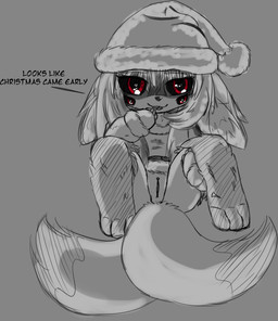 anthro christmas_clothing clothing female genitals holidays multi_eye multi_tail presenting presenting_vulva solo tail vulva young young_female yukithekitsune christmas yuki_nakamura canid canine fox mammal