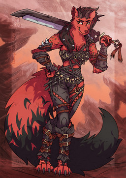 alternate_species anthro black_body black_fur black_fur_markings black_hair broken_horn clothing fantasy female fur furrification hair horn looking_at_viewer melee_weapon red_body red_fur smile smiling_at_viewer smirk smirking_at_viewer solo sword torn_clothing weapon weapon_on_shoulder lusciouslioness baldur's_gate baldur's_gate_3 larian_studios karlach canid canine canis mammal wolf 2023 hi_res