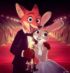 2017 4_fingers academy_award academy_awards anthro arm_around_shoulders award big_eyes bottomwear bow_(feature) bow_tie brown_body brown_fur buckteeth canid canine clothing dipstick_ears disney dress duo female fingers fox fur grey_body grey_fur holding_award holding_object holding_oscar_statuette inner_ear_fluff jacket judy_hopps lagomorph leporid light long_ears looking_at_viewer male mammal multicolored_ears nick_wilde open_mouth open_smile orange_eyes oscar_statuette oscars pants purple_eyes rabbit red_carpet red_fox ritwell shirt size_difference smile standing suit teeth tongue toony topwear true_fox tuft whiskers zootopia