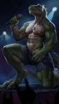 abs anthro bottomwear claws clothed clothing concert devil_horns_(gesture) electronics front_view gesture green_body green_scales hand_gesture kneeling licking licking_lips male microphone muscular muscular_anthro muscular_male navel nipples non-mammal_nipples on_one_knee pecs rocking_out scales sharp_teeth shirtless shorts shorts_only singer singing solo spikes spotlight tail teeth toe_claws tongue topless torn_bottomwear torn_clothing torn_shorts silgiriya_mantsugosi rocco_(tallion) dinosaur prehistoric_species reptile scalie theropod tyrannosaurid tyrannosauroid tyrannosaurus tyrannosaurus_rex absurd_res hi_res