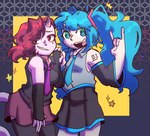 1_horn amphibian anthro blue_hair bottomwear clothing demon duo female female/female hair hatsune_miku hi_res horn horned_humanoid human humanoid mammal necktie not_furry open_mouth pink_body pose red_eyes red_hair salamander sambal scales skirt smile tail tailed_humanoid vocaloid xxangelgutzxx