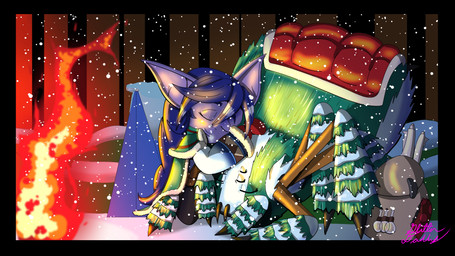 backpack campfire camping camping_tent duo female feral fire forest fur green_body green_fur hair long_hair plant purple_body purple_hair purple_skin sleeping snow tent tree sk8th arachnid arthropod goblin humanoid spider absurd_res digital_drawing_(artwork) digital_media_(artwork) hi_res