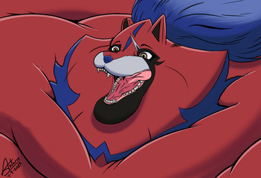 blue_body blue_fur chubby_cheeks dewlap_(anatomy) excited_expression eyebrows eyelashes female fur jowls licking licking_lips morbidly_obese morbidly_obese_female obese obese_female open_mouth overweight overweight_female red_body red_eyes scar solo teeth tongue tongue_out yellow_eyes antares_alexanyel nintendo pokemon generation_8_pokemon hero_of_many_battles_zamazenta legendary_pokemon pokemon_(species) zamazenta hi_res