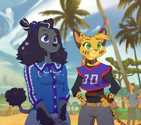accessory anthro arm_tuft beach belt black_hair bottomwear bracelet clothing collar collared_shirt denim denim_bottomwear denim_clothing detailed_background dress_shirt duo female fur green_eyes grey_body grey_fur hair hair_accessory hand_on_hip head_tuft highlights_(coloring) jeans jersey jewelry long_sleeve_shirt long_sleeves long_tail looking_away markings pants pointy_ears purple_eyes shirt snout spots spotted_body spotted_fur striped_markings stripes tail tail_tuft topwear tuft white_highlights yellow_body yellow_fur ruffu pepper_in_the_sandbox lini_(ruffu) pepper_(ruffu) canid canine felid feline mammal serval digital_drawing_(artwork) digital_media_(artwork)