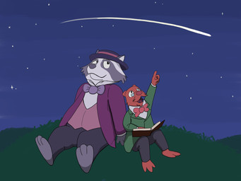 anthro bottomwear bow_tie clothing duo eyewear glasses hat headgear headwear male mature_male night pants shirt shooting_star sitting topwear piothecloudrat wilbur_&_harold mammal mustelid musteline procyonid raccoon true_musteline weasel 2026 4:3 hi_res