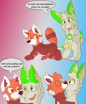 absurd_res after_sex ailurid anthro bodily_fluids cum cum_drip dialogue dripping english_text fur genital_fluids genitals green_eyes green_stripes hi_res kissing lagomorph leporid male male/male mammal penis rabbit red_body red_fur red_panda reznoo ripy_(reznoo) stripes text