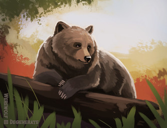 abstract_background ambiguous_gender black_lips black_nose branch brown_body brown_fur claws day feral forest fur grass lips log looking_away lying nature outside paws plant quadruped sky solo text tree wood werewolfdegenerate bear brown_bear grizzly_bear mammal ursine digital_media_(artwork) digital_painting_(artwork) english_text hi_res painting_(artwork) signature