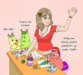 ambiguous_feral ambiguous_gender breasts brown_eyes brown_hair candy candy_cane card christmas_clothing christmas_headwear christmas_topwear cleavage clothed clothing dessert exposed_belly female female_human feral food fur furniture green_body green_eyes green_fur green_hair group hair happy hat headgear headwear holidays holly_(plant) light_body light_skin lips midriff misleading_thumbnail navel open_mouth paint painting_(action) painting_(object) palette paper pencil_(object) pink_lips plant purple_hair purple_tail raised_hand red_body red_fur red_paint santa_hat sitting smile table tail teeth topwear yellow_body yellow_fur young young_ambiguous young_feral carpdime christmas fluffy_pony fluffy_pony_(species) human mammal 2021 hi_res