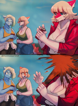 5_fingers abstract_background anthro beverage beverage_can big_breasts black_bottomwear black_clothing black_pants blonde_hair blue_body blue_eyes blue_scales blue_sky bottomwear breasts claws cleavage clothed clothing day denim denim_bottomwear denim_clothing denim_shorts eyelashes eyes_closed eyewear female finger_claws fingers freckles glasses green_clothing green_shirt green_tank_top green_topwear group hair jacket long_hair long_tail multicolored_body multicolored_scales orange_body orange_clothing orange_scales orange_shirt orange_tank_top orange_topwear outside pants red_body red_clothing red_jacket red_scales red_topwear round_glasses scales shirt short_hair shorts sky snout soda spiked_tail spikes spikes_(anatomy) tail tank_top teal_eyes text topwear trio two_tone_body two_tone_scales white_body white_scales deadassspider cavemanon_studios goodbye_volcano_high i_wani_hug_that_gator ko_op_(game_developer) snoot_game mia_moretti naomi_(gvh) zephyr_(op_gero) dinosaur hadrosaurid ornithischian ornithopod parasaurolophus prehistoric_species reptile scalie 2025 absurd_res artist_name comic digital_drawing_(artwork) digital_media_(artwork) hi_res watermark sibling_(lore) sister_(lore) sisters_(lore)