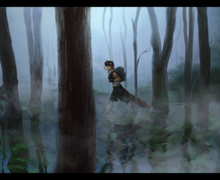 ambiguous_gender anthro backpack black_body black_fur black_hair bottomwear clothed clothing detailed_background fog forest fur hair midriff mottled multicolored_body multicolored_fur orange_body orange_fur outside partially_submerged piebald plant reflection shirt shorts solo swamp tan_body tan_fur tank_top topwear tree walking water white_body white_fur razzda calico_cat domestic_cat felid feline felis mammal 2015 digital_media_(artwork) letterbox