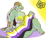 3_fingers ambiguous_gender anthro areola big_areola big_breasts breasts eyelashes fingers green_body lgbt_pride looking_at_viewer mature_anthro nipples non-mammal_breasts non-mammal_nipples nonbinary_pride_colors overweight overweight_ambiguous overweight_anthro pride_colors shell solo gingerlybreadart reptile scalie sea_turtle turtle nonbinary_(lore)