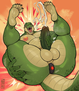 5_fingers 5_toes anal anal_penetration anthro areola blush bodily_fluids claws cum ejaculation feet feet_up finger_claws fingers genital_fluids genitals glistening glistening_body green_body green_penis hand_on_leg hand_on_thigh heart_symbol humanoid_feet humanoid_genitalia humanoid_penis legs_up looking_pleasured lying male masturbation nipples object_in_ass on_back onomatopoeia pecs penetration penis pink_nipples plantigrade plug_insertion rear_view saliva saliva_string scales sex_toy sex_toy_in_ass sex_toy_insertion simple_background soles solo sound_effects text thick_thighs toe_claws toes vein veiny_penis vibrator vibrator_in_ass yellow_eyes marlon.cores alligator alligatorid crocodilian reptile scalie 2023 absurd_res artist_name hi_res