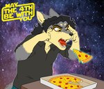 anthro black_hair black_nose cheese claws clothed clothing concentration countershade_face countershade_neck countershading dairy_products finger_claws food forced fur furniture grey_body grey_fur hair looking_at_object male open_mouth pizza shirt sky solo standing star starry_sky table tail teeth telekinesis text tongue topwear unsigned yellow_eyes zooshi levitating_pizza may_the_4th star_wars zooshi_(character) canid canine canis mammal wolf 2025 absurd_res digital_media_(artwork) english_text hi_res meme