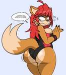 angry annoyed anthro big_butt breasts butt claws clothing cross-popping_vein curvy_figure dialogue female looking_back one-piece_swimsuit raised_tail rear_view side_boob slightly_chubby slightly_chubby_anthro slightly_chubby_female solo swimwear tail text thick_thighs tight_clothing wardrobe_malfunction wedgie darkwolfhybrid sega sonic_the_hedgehog_(series) fan_character melina_fox canid canine fox mammal english_text hi_res