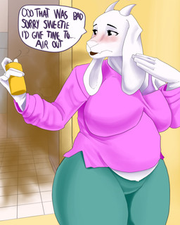 anthro bathroom blush bottomwear clothing dialogue diarrhea embarrassed fart fart_cloud feces female fur green_bottomwear green_clothing green_pants implied_scat mature_female pants pink_clothing smelly solo white_body white_fur gaap undertale_(series) toriel bovid caprine goat mammal monster hi_res