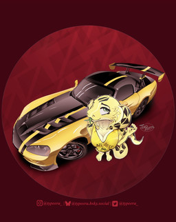 anthro big_breasts breasts car clothing female gadsden_flag high-angle_view markings non-mammal_breasts pattern_background shirt simple_background snake_hood solo tank_top topwear vehicle yellow_body typeera dodge_(brand) dodge_viper reptile scalie snake viper absurd_res hi_res