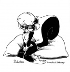 anthro bedroom_eyes breasts countershading eyewear featureless_breasts female fluffy fluffy_tail glasses gloves_(marking) leg_markings looking_at_viewer markings narrowed_eyes nude seductive smile socks_(marking) solo tail text eric_schwartz sabrina_online sabrina_(sabrina_online) mammal mephitid skunk 1993 greyscale monochrome